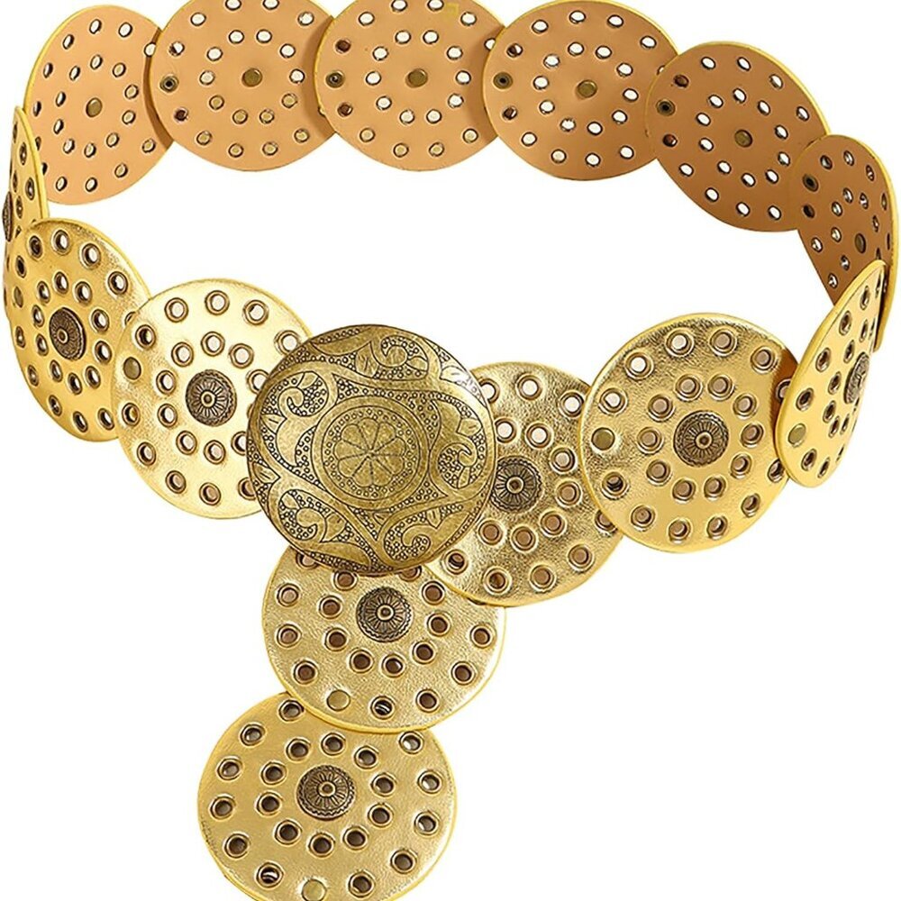 Hollow Wide Disc Belt for Women Concho Leather Metal Buckle Boho Belt Cowgirl Vi